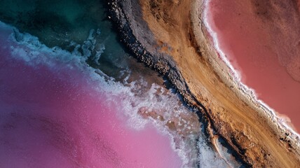 Aerial view of vibrant pink lake with crystal-clear water and golden sandy beach surrounded by natural landscape under bright sunlight