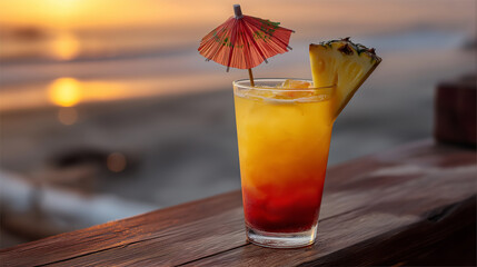 A colorful mai tai cocktail layered with orange, red, and yellow hues, decorated with pineapple slice and umbrella, shot on a beach bar