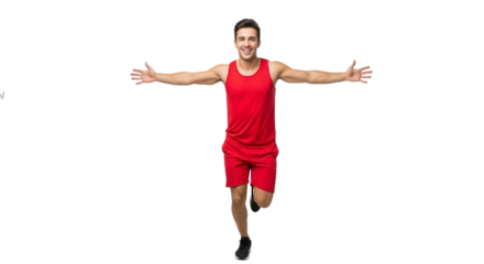 A happy male athlete in red sportswear with arms outstretched