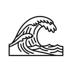 Bold black and white line art depicting a powerful ocean wave breaking