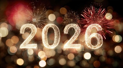 Glowing golden 2026 numbers with red lights, sparkling fireworks and festive New Year celebration concept