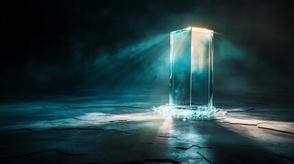 A mysterious glass cube radiating light in a dark, ethereal environment.