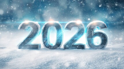 Frosty icy 2026 numbers in snowy winter landscape with cold blue light and holiday celebration concept