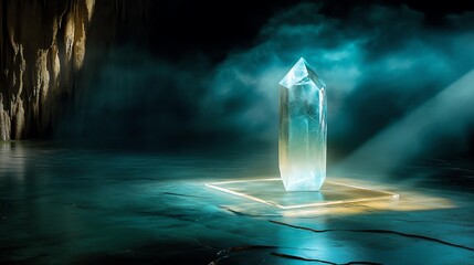 A mystical crystal glows in an eerie cave, illuminated by soft light and surrounded by mist.
