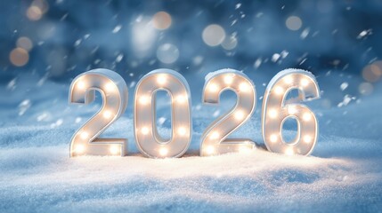 Glowing illuminated 2026 numbers in snowy winter scene with falling snow and festive New Year concept