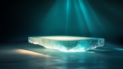A stunning visual of a luminous ice block illuminated by soft blue light.