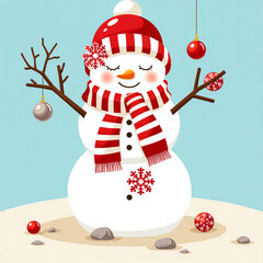 Cute festive snowman wearing a red hat and scarf with ornaments