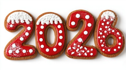 Gingerbread 2026 cookies with red icing and white sprinkles – festive Christmas baking and holiday treat concept