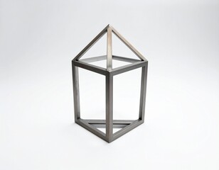 Geometric metallic sculpture with angular rods and symmetrical abstract design on white background
