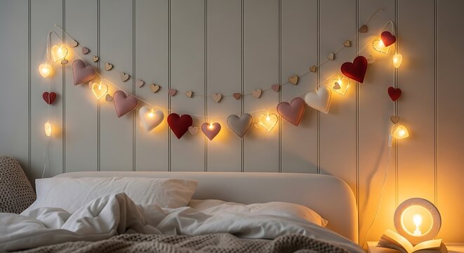 Cozy bedroom ambiance with heart shaped string lights and warm illumination creating a romantic atmosphere