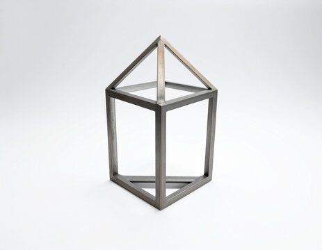 Geometric metallic sculpture with angular rods and symmetrical abstract design on white background
