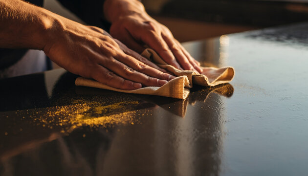 A person's hands meticulously wiping a dark, polished countertop with a cloth, cleaning up scattered yellow crumbs in warm morning light