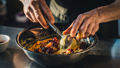 Close-up of hands mixing ingredients in a bowl, preparing a meal with fresh fruits and vibrant colors
