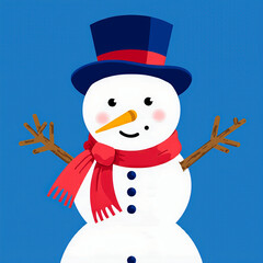 Cute snowman wearing a top hat and scarf on a blue background