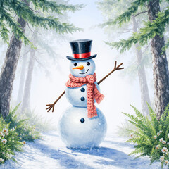 Friendly snowman wearing a top hat and scarf in a snowy forest