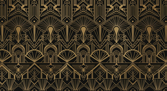 Geometric pattern with golden line on black background, representing art deco style, elegance and glamour, perfect for luxury brand or vintage theme