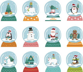 Big set of Christmas vector snow globes. A crystal snow globe with polar bears, penguins, snowman, a house, a Christmas tree and a car pulling the tree. 