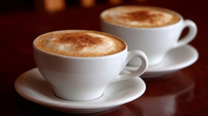 Two white cups filled with rich, frothy coffee sit on a polished wooden table, inviting patrons to pause and savor the morning warmth. The scent of freshly brewed coffee fills the air
