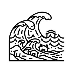 Large ocean wave crashing over houses, depicting a natural disaster and the destructive power of water