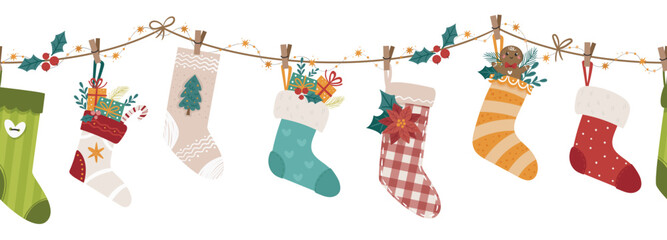Christmas vector horizontal seamless border with socks, lights, gifts and candies. Perfect for holiday decorating websites, cards, and banners
