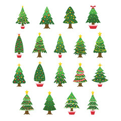 Christmas Trees With Ornaments And Lights In Festive Holiday Decor Illustration Collection