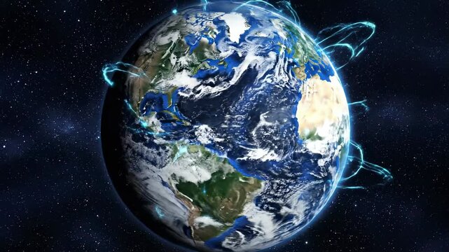 A globe of Earth surrounded by auras against a starry backdrop