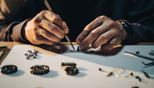 Close-up of skilled hands meticulously assembling intricate components with precision tools