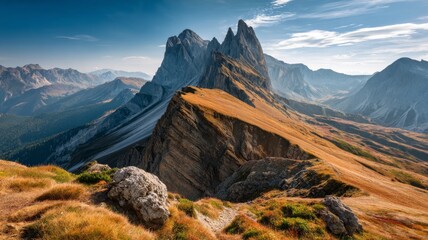 Dramatic alpine panorama of jagged dolomites peaks with sweeping grassy ridges and misty valleys around the odle mountain range near seceda in south tyrol italy showcasing breathtaking mountain scener