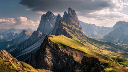 Dramatic alpine panorama of jagged dolomites peaks with sweeping grassy ridges and misty valleys around the odle mountain range near seceda in south tyrol italy showcasing breathtaking mountain scener