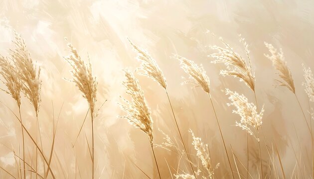 Golden reeds swaying gently in the breeze under a soft, diffused sunlight.