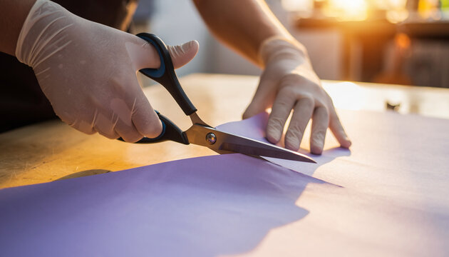 Skilled hands in protective gloves meticulously cutting vibrant purple material with sharp scissors, engaged in a precise crafting or creative endeavor under warm studio lighting