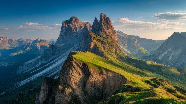 Dramatic alpine panorama of jagged dolomites peaks with sweeping grassy ridges and misty valleys around the odle mountain range near seceda in south tyrol italy showcasing breathtaking mountain scener - Powered by Adobe