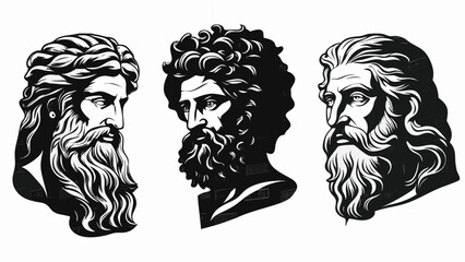 Powerful monochrome portraits of Zeus, majestic Greek god statues with flowing hair and beards