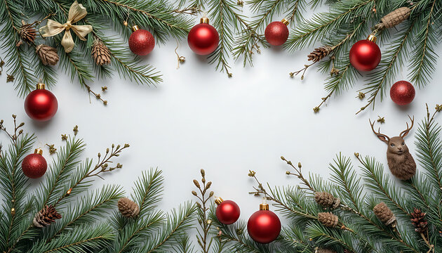 Festive Christmas Decorations with Red Ornaments and Pine Branches on White Background
