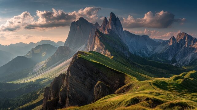 Dramatic alpine panorama of jagged dolomites peaks with sweeping grassy ridges and misty valleys around the odle mountain range near seceda in south tyrol italy showcasing breathtaking mountain scener - Powered by Adobe