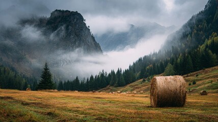 Misty mountain valley landscape with rolling fog drifting over grassy meadows and a traditional haystack in tranquil rural countryside