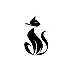 Obraz premium Stylized black cat silhouette sitting on white background