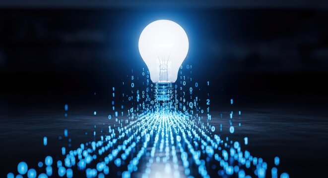 Glowing lightbulb illuminates the path of binary code symbolizing digital innovation and technological advancement on a dark backdrop