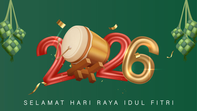 Eid Mubarak 2026 Illustration with Drum, Ketupat, and Islamic Festive Green Accents. Eid Mubarak Poster Design Vector Illustration. Translation : Happy Eid Mubarak