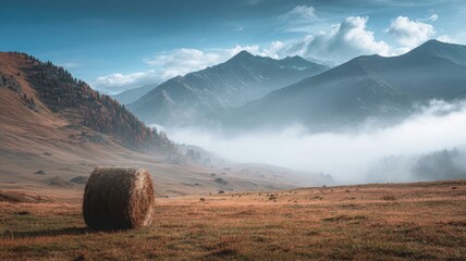 Misty mountain valley landscape with rolling fog drifting over grassy meadows and a traditional haystack in tranquil rural countryside