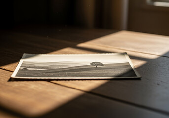 Painting on the table, showing a single tree in a rolling hilly landscape.
