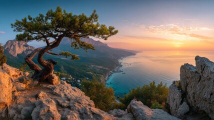 Majestic old tree on rocky mountain overlooking blue sea at sunrise with vibrant green leaves, golden morning sky, and lush summer forest landscape