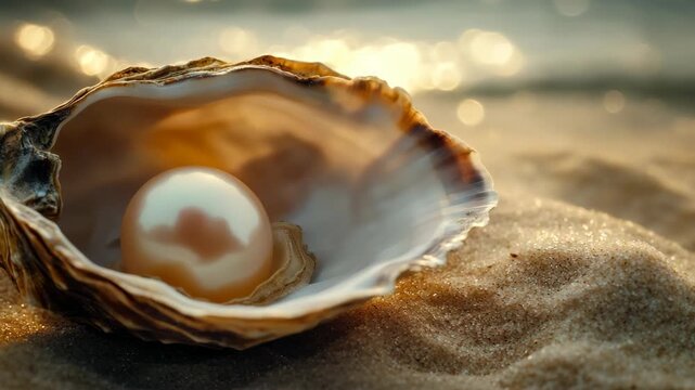 A shiny pearl rests inside an oyster shell on the sand, reflecting sunlight and sea waves, symbolizing luxury, purity, and natural marine beauty captured in a macro closeup style with soft focus