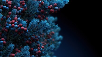 A blue spruce tree with red and dark blue berries on the right side against a dark background for winter holiday decoration