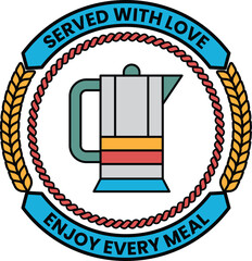 A black and white image of a coffee pot with a ribbon around it