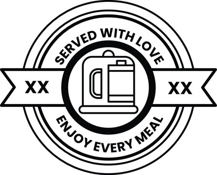 A black and white logo with a white ribbon and a black