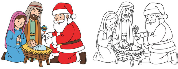 Christmas Nativity scene with Santa Claus visiting Baby Jesus Mary and Joseph cute vector illustration set colored and black and white outline for coloring book.