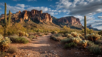 Vast arizona desert landscape with red rock formations, sandy terrain, and clear blue sky under warm sunlight