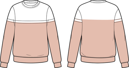 Color block crewneck sweatshirt flat, long sleeve pullover top with contrast yoke, front and back vector template for apparel design © Its Marjia's World