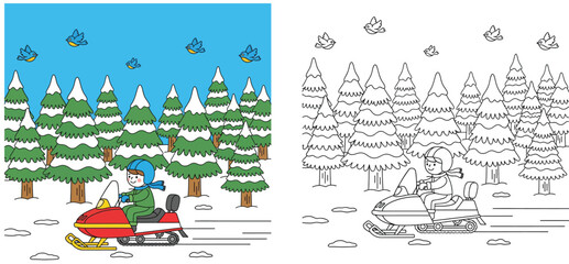 Coloring book page for kids with colored example and outline showing a happy boy riding a red snowmobile in a snowy winter forest with pine trees and birds vector illustration